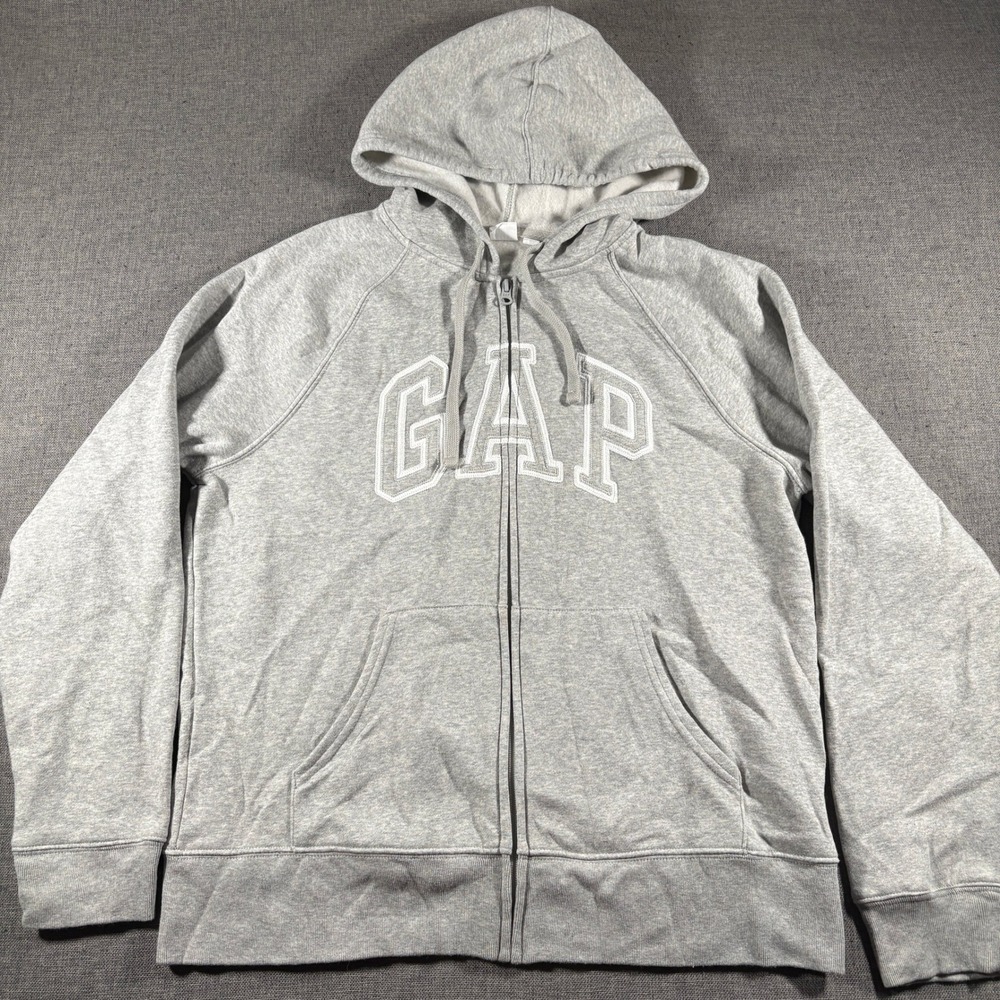 Gap Zip Up Hoodie Women Large Gray Arch Logo Fleece Raglan Long Sleeve